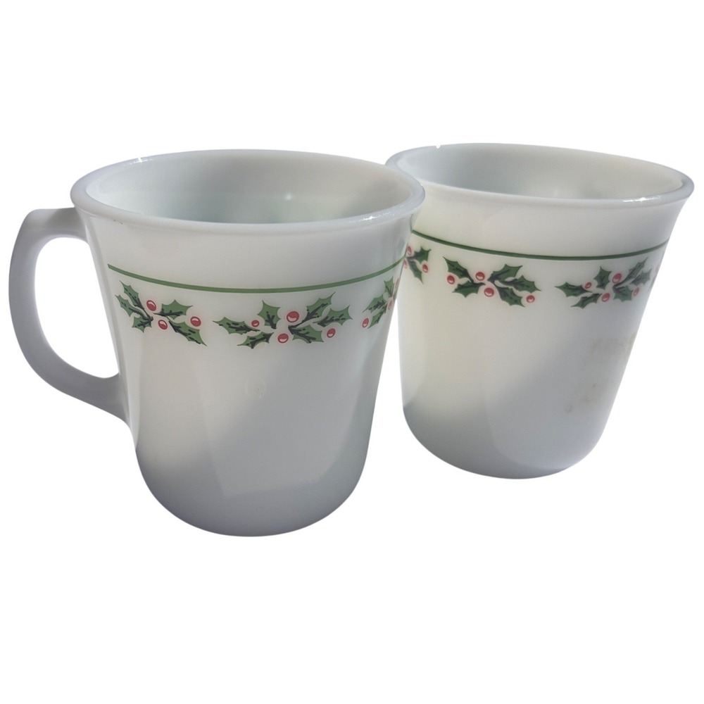 Vintage Corning Milk Glass Holly Berry Christmas Coffee Mugs Set of 2 White